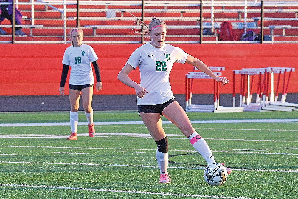 Rhinelander’s Vivian Lamers possesses the ball during the first half of a GNC girls’ soccer game at Medford Tuesday, April 28. Lamers scored twice in the Hodags’ 4-1 victory. (Matt Frey/Star News)