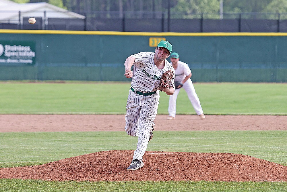 In this June 21, 2025 file photo, Rhinelander’s Martin Hoger pitches during a Dairyland League baseball game against the Everest Mechants in Weston. The River Monsters will begin their fourth season of Dairyland League play Saturday, May 9 when they travel to Abbotsford. (Bob Mainhardt for the River News)