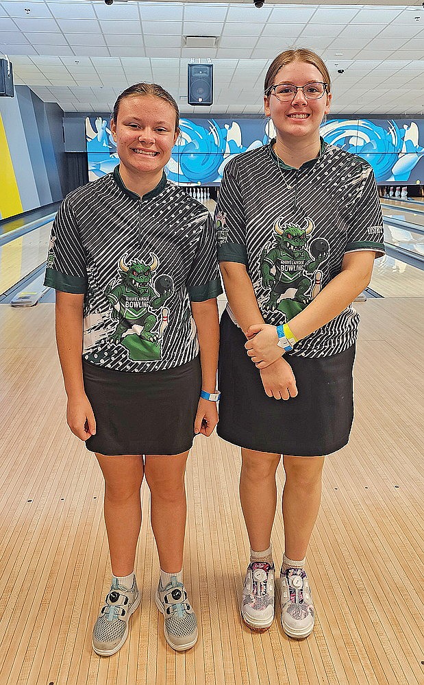 Rhinelander’s Natalie Dellenbach, left, and Charlotte Preuss, right, participated in the BCAW middle school state bowling tournament Saturday, May 2 in Ashwaubenon. Dellenbach finished eighth in a 29-bowler field in Division A while Preuss was 22nd in Division A. (Contributed photograph)