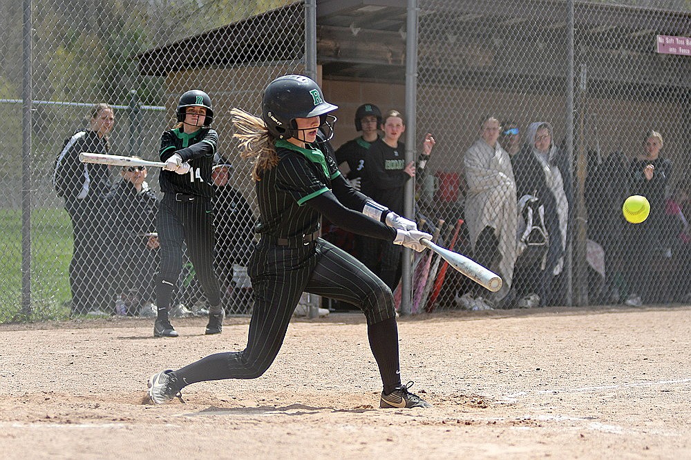 Rhinelander’s Cassidy Lindner hits a single during a non-conference softball game at Shawano Saturday, May 9. (Brett LaBore/Lakeland Times)