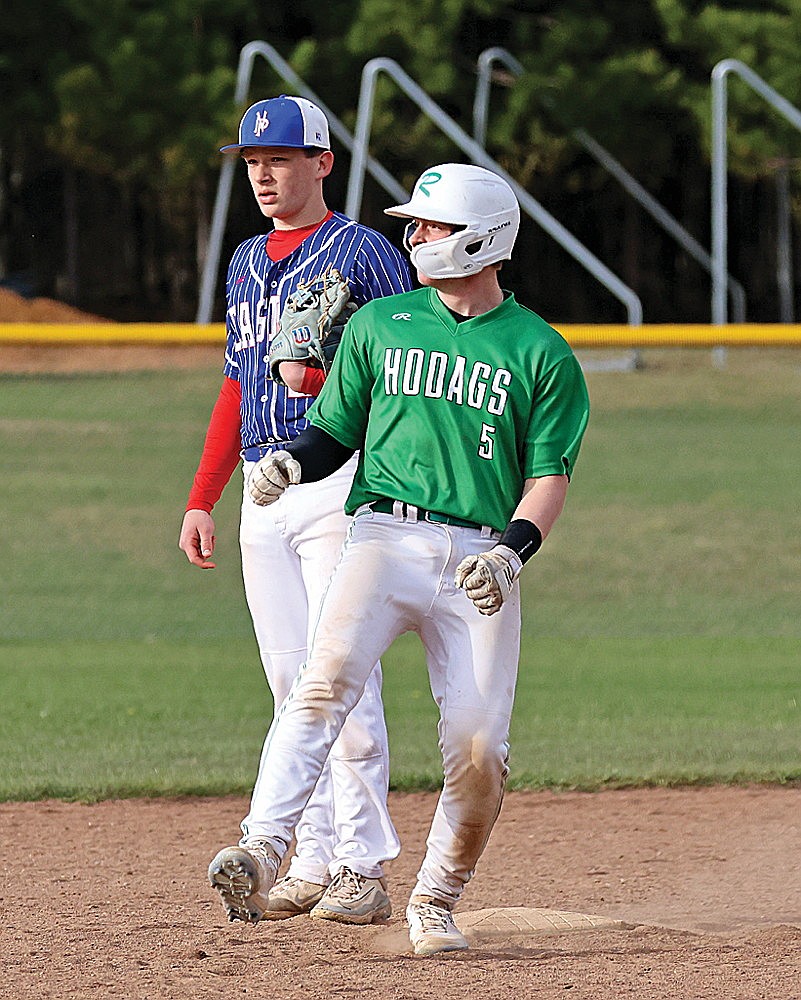 Rhinelander’s Jackson Waydick stands up at second base after hitting a three-run double in the fourth inning of a GNC baseball game against Northland Pines in Eagle River Friday, May 8. (Bob Mainhardt for the River News)