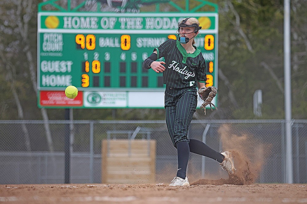 Rhinelander’s Aleece Johnson pitches in the second inning of a GNC conference game against Merrill at Haug Diamond on May 12. Johnson gave up eight runs on nine hits in seven innings, tallying three walks and two strikeouts. (Blake Richard/River News)