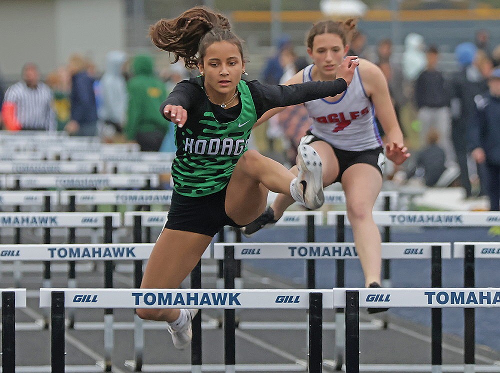 Rhinelander’s Marsadies Williams competes in the 100-meter hurdles during the Hatchet Invitational track meet in Tomahawk Tuesday, May 12. Williams finished second in the event and placed in the top four in all four of her events as the Hodags won the 11-team meet. (Jeremy Mayo/River News)