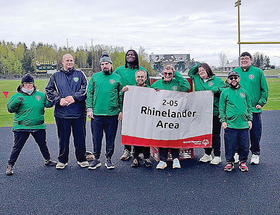 Rhinelander Area 2-05 Special Olympians pose for a photograph following a regional track meet in Colby Saturday, May 9. Pictured, from left to right are Maria Dornfeld, Aaron Hass, Charles Moritz, Daniel Strutz, Jonathan Erickson, Ashley Mathy, Daray Hawes, Jonathan Ankrom and Miguel Gonzalez. (Contributed photograph)