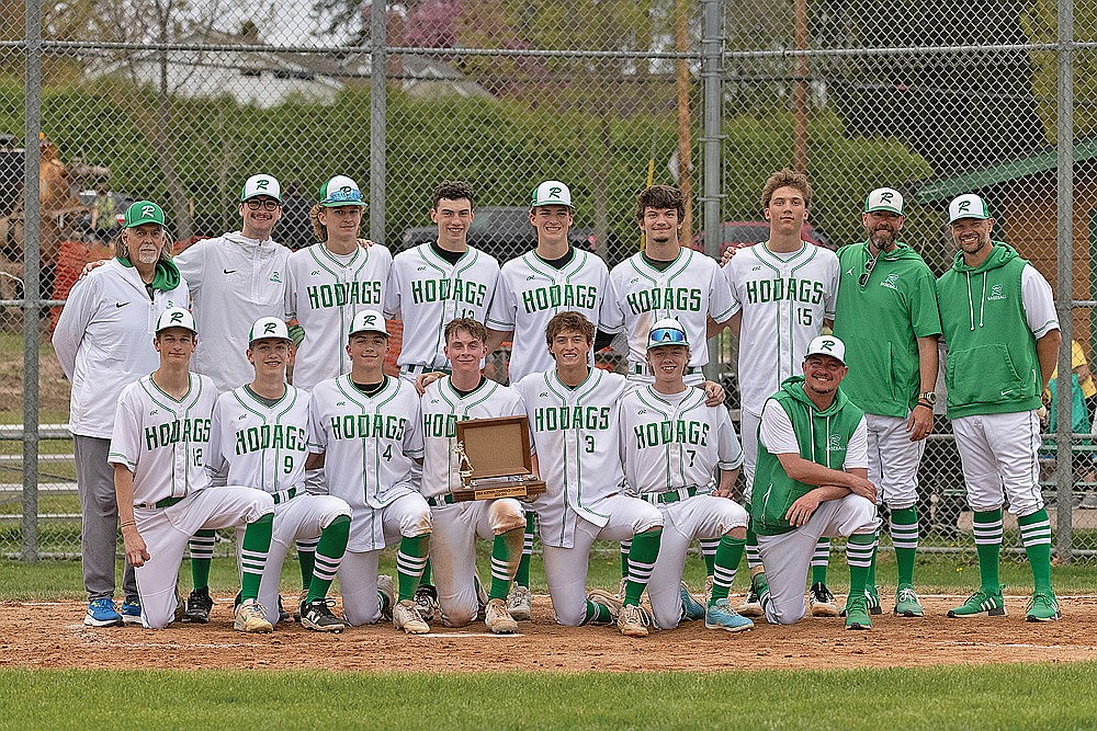 The 2026 Rhinelander High School baseball team won the Great Northern Conference Championship with a 3-2 win over Lakeland on May 18 at Stafford Field in Rhinelander. It is the team’s first conference championship since 2012. Pictured in the front row, from left to right, are Hoyt Dantoin, Jaxon West, Josh Willoughby, Jackson Waydick, Charlie Johnson, Weston Kibler, and coach Andy Van Dyke. In the back row are coach Kyle Poock, coach Riley O’Connell, Abe Gretzinger, Vince White, Rowan Wiczek, Conner Rappley, Sawyer Bishop, coach Steve Wiczek and head coach Joe Waksmonski. (Blake Richard/River News)