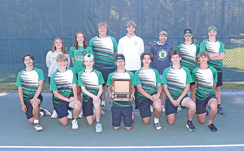 The 2026 Rhinelander High School boys’ varsity tennis team won the program’s 12th consecutive conference championship Thursday, May 21 at the RHS tennis courts. Pictured front row left to right, is Owen Evers, Mark Currie, Calvin Loomis, Asher Rivord, Henry Bonardelli, Brayden Barnhill and Roan Childs. Back row left to right is assistant coach Tori Riopel, manager Hazel Van Camp, Danek Koniar, head coach Matt Nichols, assistant coach Greg Smoczky, Aidan Lueder and Kellen O’Malley. (Bob Mainhardt for the River News)