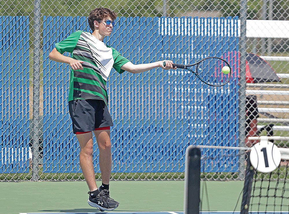 Rhinelander’s Brayden Barnhill hits a return during a WIAA Division 1 subsectional tennis tournament at Wausau West High School Tuesday, May 26. The Hodags finished third in the subsectional. (Jeremy Mayo/River News)