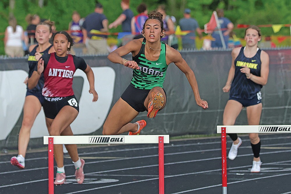 Rhinelander’s Aila Bergman competes in the 300-meter hurdles during a WIAA Division 2 track regional at Medford High School Tuesday, May 26. Bergman won four events as the Hodags took the girls’ regional title. (Jeremy Mayo/River News)