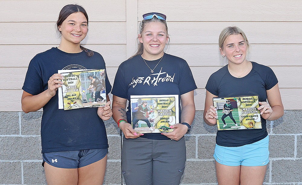 From left to right, Saige Mutter, Kadyn Taylor and Maddie Paulson were honored with the Rhinelander High School softball team’s varsity awards during its banquet Monday, June 1 at Mike Webster Stadium. (Bob Mainhardt for the River News)