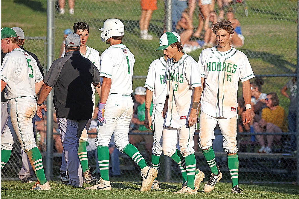 Rhinelander’s Charlie Johnson (3) and Sawyer Bishop (15) react to the season-ending loss to Bloomer on June 2 at Stafford Field. The 1-seed Hodags were upset by the 9-seed Blackhawks in the WIAA regional semifinal. (Blake Richard/River News)