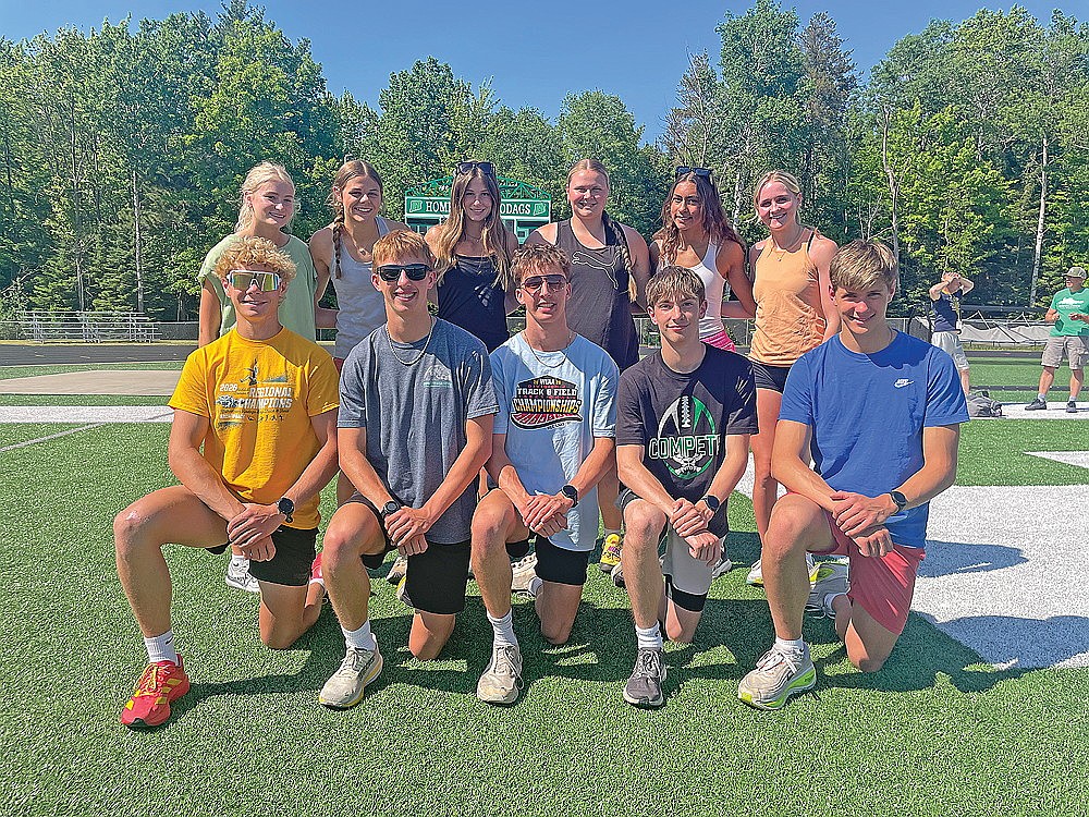 The Rhinelander High School track team’s WIAA state qualifiers pose for a photograph prior to practice at Mike Webster Stadium Monday, June 1. Pictured in the front row, from left to right, are Ayden Myers, Jackson Weinzatl, Avrom Barr, Paul Denis and Dean Gillingham. In the back row are Shyanne Hueckstaedt, Macy Myers, Violet Biolo, Libbey Buchmann, Aila Bergman and Lucy Eddy. The WIAA state track meet takes place today and tomorrow, June 5 and 6, in La Crosse. (Jeremy Mayo/River News)