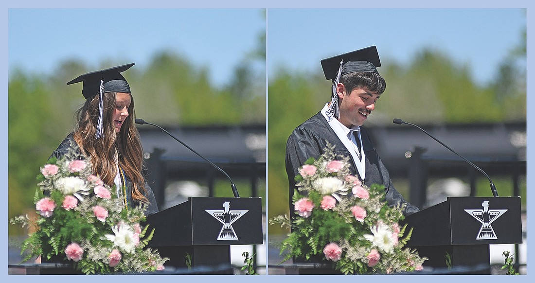 Summa Cum Laude award-winners Molly Jorgensen, left, and Talan Pockat give the class address during the Lakeland Union High School Class of 2026 commencement Sunday, May 31 at IncredibleBank Field in Minocqua.
(Photo by Brett LaBore/Lakeland Times)