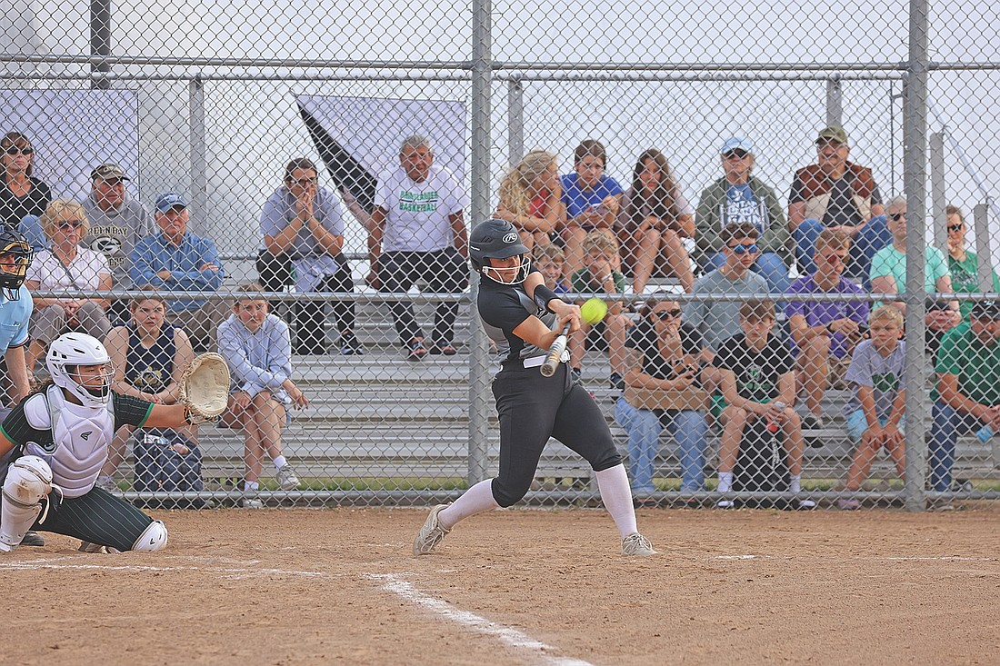 In this April 23, 2026 file photo, Marlee Strasburg hits a grand slam in the second inning of a 10-5 win over Rhinelander at the Haug Family Softball Complex in Rhinelander. Strasburg was voted second team all-conference. (Photo by Bob Mainhardt for the River News)