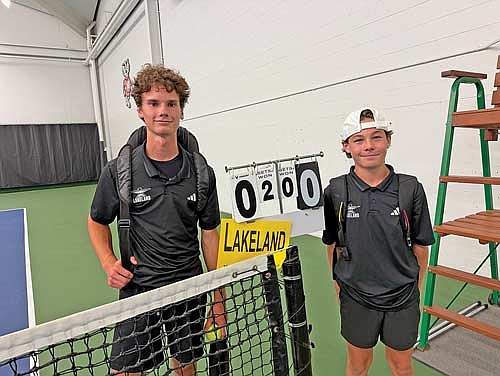 Andrew Colianni, left, and Main Byram pose for a picture after a 6-4, 7-5 win over East Troy during the WIAA Division 2 individual boys’ tennis state tournament Thursday, June 4 at Nielsen Stadium in Madison. Colianni/Byram finished the season with a record of 22-7. (Contributed photograph)