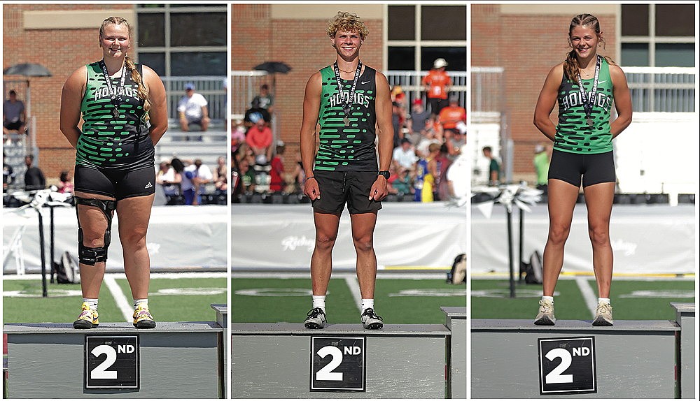 Pictured left to right, Libbey Buchmann, Ayden Myers and Macy Myers stand on the podium following their respective runner-up finishes at the WIAA state track meet in La Crosse June 5 and 6. Buchmann was second in the Division 2 girls’ discus, Ayden Myers was second in the D2 boys’ pole vault and Macy Myers was second in the D2 girls’ pole vault, highlighting the weekend for the Hodag track team. (Jeremy Mayo/River News)