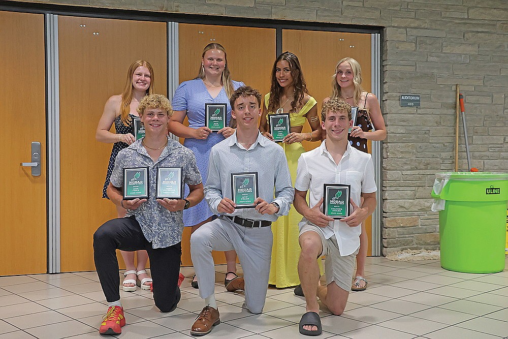 Rhinelander High School track team award winners pose for a photograph following the team’s banquet in the RHS commons Tuesday, June 2. Pictured in the front row, from left to right, are Ayden Myers, Avrom Barr and Ben Olson. In the back row are Millie Gruett, Libbey Buchmann, Aila Bergman and Lucy Eddy. (Jeremy Mayo/River News)