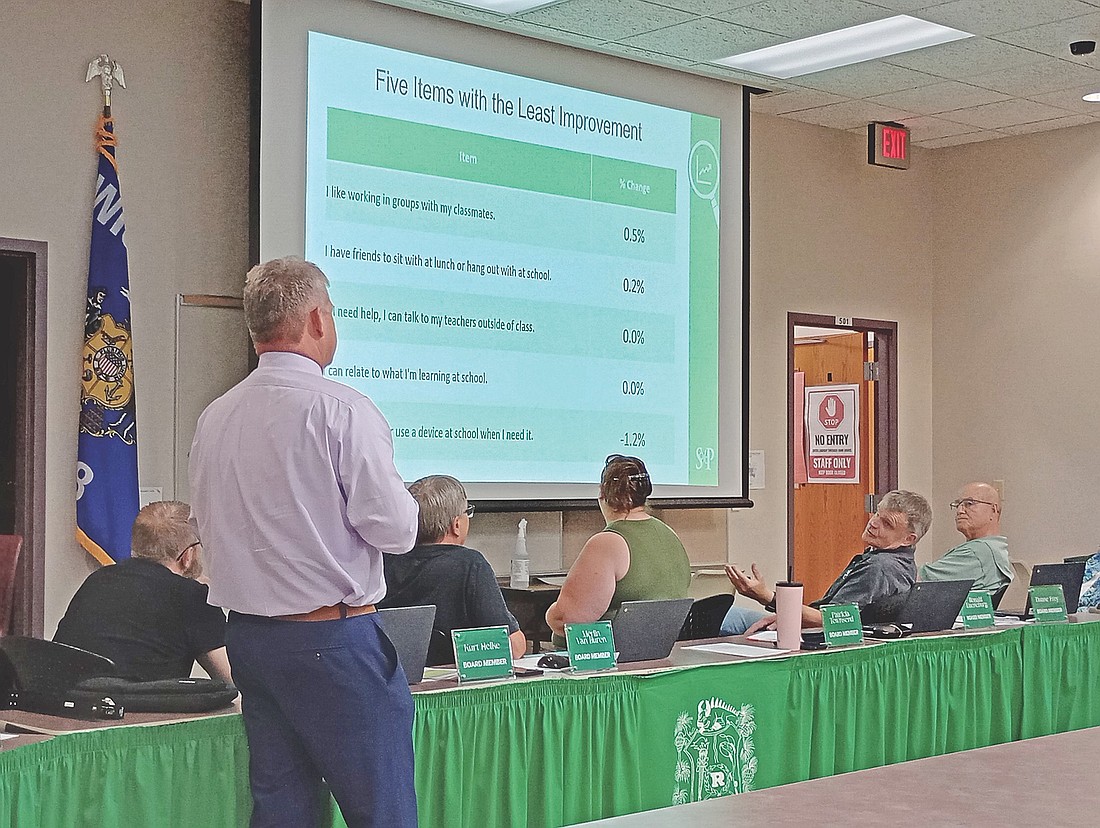 Richard Gretzinger, standing, director of learning support for the School District of Rhinelander, fields a question from school board member Ronald Lueneburg, second from right, during the SDR school board meeting June 8. Other school board members pictured are, from left, Kurt Helke, Merlin Van Buren, Patricia Townsend and Duane Frey. (Photo by Ardith Carlton/River News)
