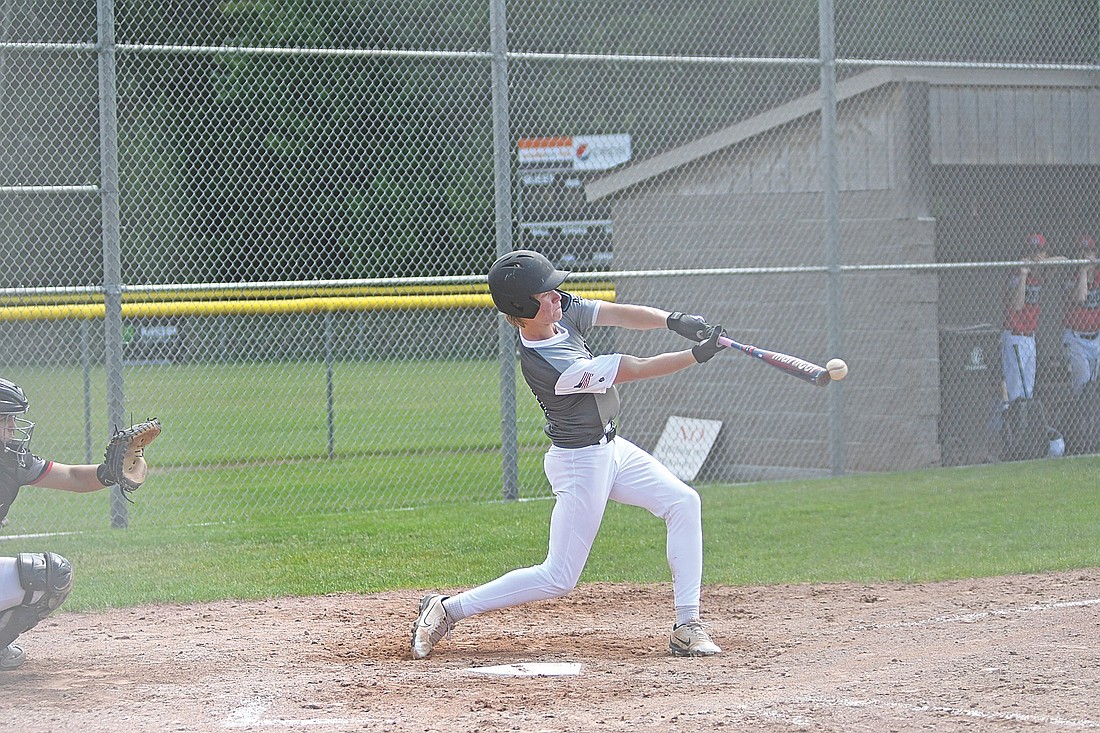 In this July 24, 2025 file photo, Gabe Karch makes contact in a Legion baseball game at the Minocqua Park Complex. (Photo by Brett LaBore/Lakeland Times)
