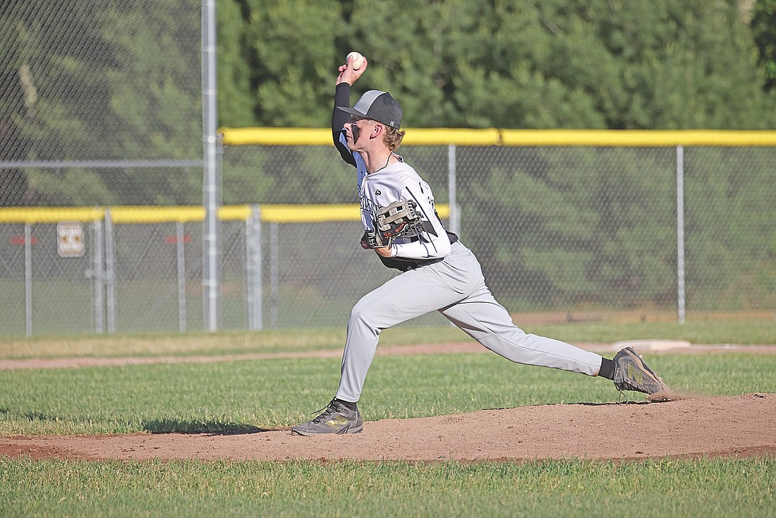 Bryce Short tosses a pitch in a Babe Ruth Senior League game against Rhinelander Tuesday, June 9 at the Minocqua Park Complex. Short pitched three shutout innings and got the win. (Photo by Blake Richard/River News)