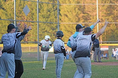 The Thunderbirds celebrate a walk-off win and 6-5 victory over Eagle River in a Babe Ruth Senior League game Tuesday, June 16 at the Minocqua Park Complex. Players pictured, from left, are Bryce Short, Talon Poupart, Taitum Bauman, Parker Ecklund and Owen Sauer. (Photo by Brett LaBore/Lakeland Times)
