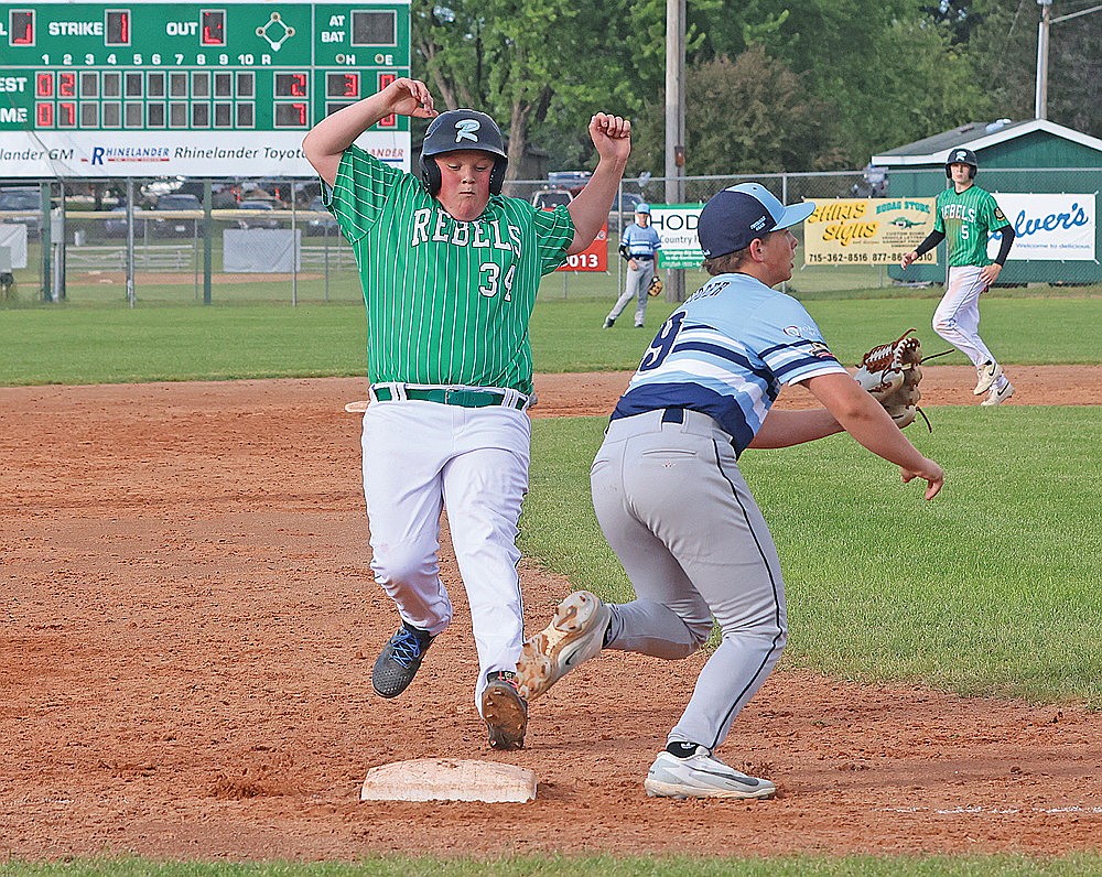 Rhinelander’s Douglas Hartmann approaches third base during a junior Legion baseball game against Marshfield at Stafford Field Tuesday, June 16. (Bob Mainhardt for the River News)