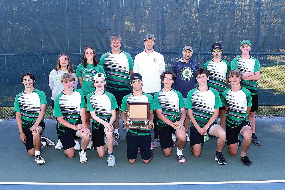 In this May 21, 2026 file photo, the 2026 Rhinelander High School boys’ varsity tennis poses after winning 12th consecutive Great Northern Conference championship at the RHS tennis courts. Pictured front row left to right, is Owen Evers, Mark Currie, Calvin Loomis, Asher Rivord, Henry Bonardelli, Brayden Barnhill and Roan Childs. Back row left to right is assistant coach Tori Riopel, manager Hazel Van Camp, Danek Konair, head coach Matt Nichols, Greg Smoczyk, Aidan Lueder and Kellen O’Malley. (Bob Mainhardt for the River News)