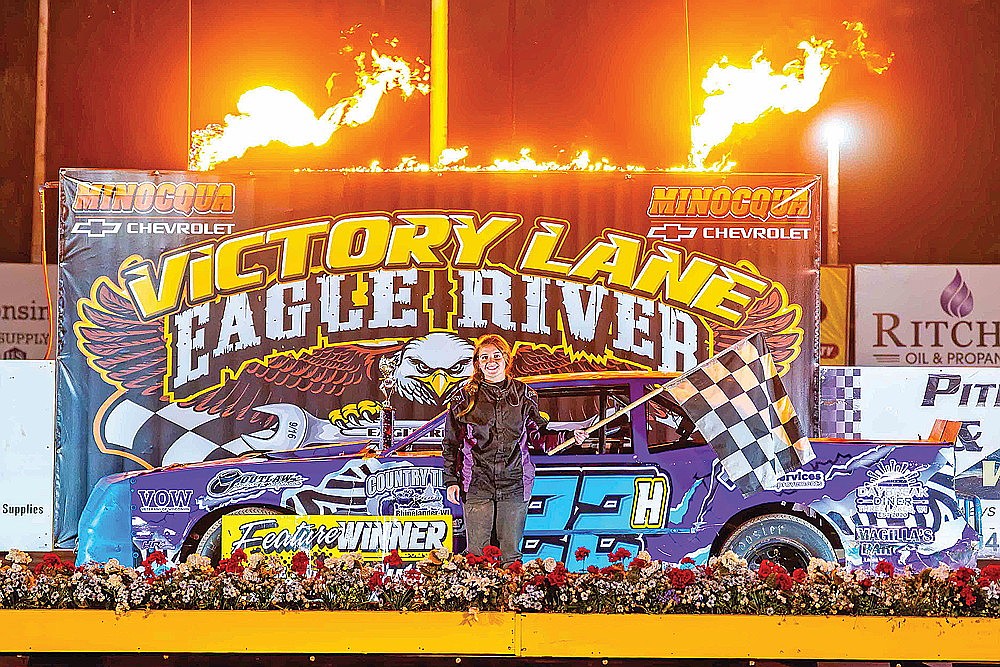 Hope Eisel of Sugar Camp won the Street Stock feature at Eagle River Speedway Tuesday, June 23. (Josh castle/Castle Creations Media)