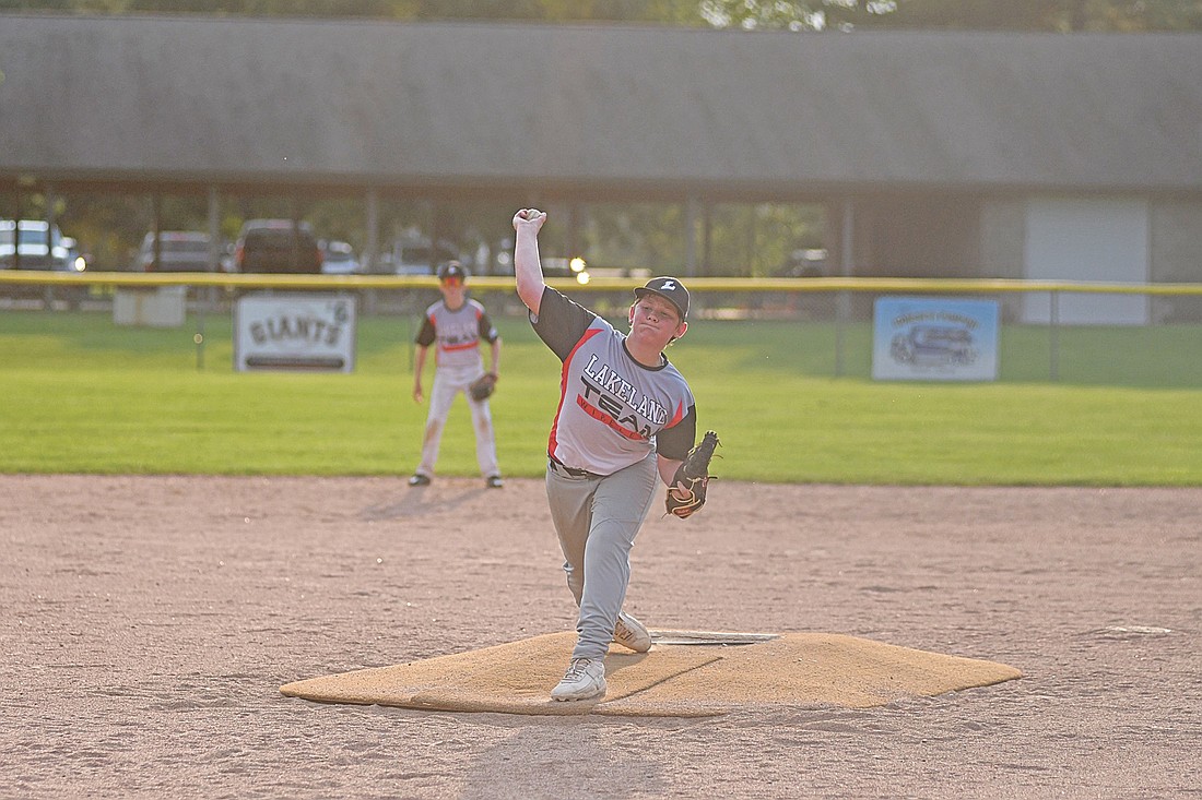 Colton Jahn strikes out a batter in the fifth inning of a Babe Ruth Prep League game against Crandon Wednesday, July 1 at the Minocqua Park Complex. (Photo by Brett LaBore/Lakeland Times)