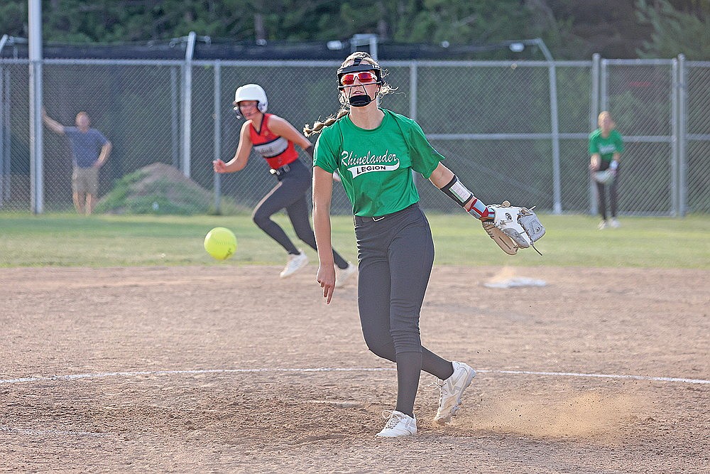 Rhinelander’s Aliyah Jordan pitches during the fourth inning of an American Legion softball game against Medford at Andrea Musson Field Tuesday, June 30. Jordan allowed nine runs — five earned — in her varsity-level pitching debut and came back a night later to record a three-inning save against Tomahawk. (Bob Mainhardt for the River News)