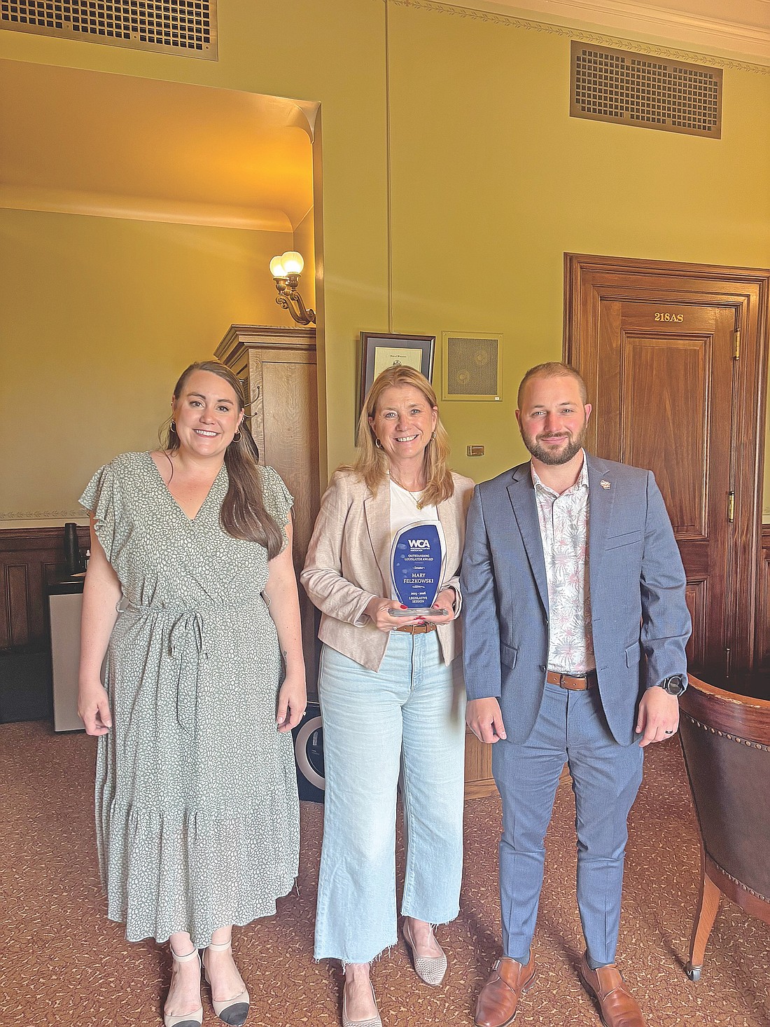 Senator Felzkowski was recognized with a WCA Outstanding Legislator Award on June 30. Also pictured are WCA Government Affairs Associates Collin Driscoll, right, and Chelsea Shanks, left. (Contributed photograph)