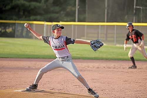Lakeland’s Adam Hinkens pitches during a Babe Ruth Prep League game against Phillips at the Minocqua Park Complex on Monday, July 6. (Photo by Blake Richard/River News)