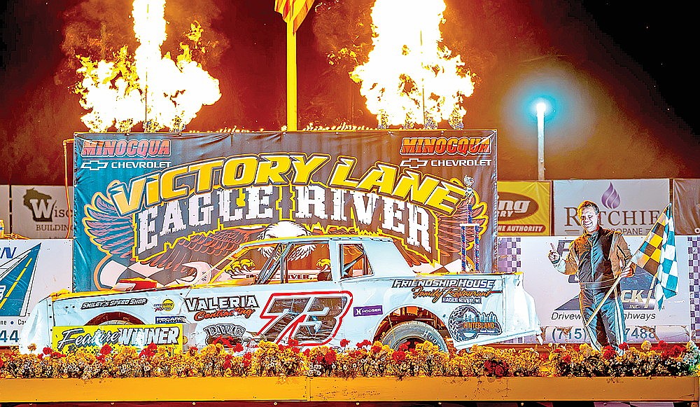 Dustin White of Eagle River, picked up wins in both the IMCA Stock Car (pictured) and B-Modified feature races at Eagle River Speedway Tuesday, July 7. (Josh Castle/Castle Creations Media)