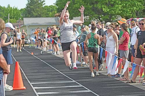 In this May 29, 2026 file photo, Hope Veldt goes for distance in the long jump during a WIAA Division 2 sectional meet at Dairy Bank Stadium in Rice Lake. Veldt won the long jump four times during the outdoor season. (Photo by Brett LaBore/Lakeland Times)