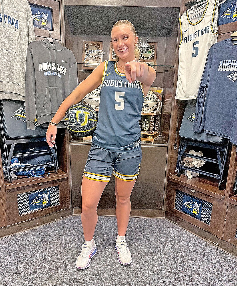 Rhinelander senior-to-be Aubryn Clark poses in Augustana University gear during a recent campus visit to the Sioux Falls, S.D. campus. Clark announced on July 16 that she has verbally committed to play women’s basketball for the Vikings starting in the 2027-28 season. (Contributed photograph)