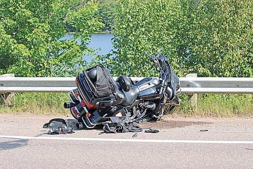 The 2013 Harley Davidson motorcycle involved in a motorcycle versus deer accident on State Highway 70 west of downtown Minocqua on July 23. (Photo by Jacob Link/Lakeland Times)