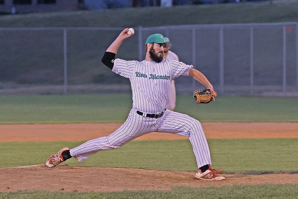 Rhinelander’s Lucas O’Brien pitches during the ninth inning of a Dairyland League baseball game against the Whittlesey Reds at Stafford Field Wednesday, July 22. O’Brien gave up two earned runs on seven hits with five strikeouts in a complete game effort as the River Monsters defeated the Reds, 10-4. (Bob Mainhardt for the River News)