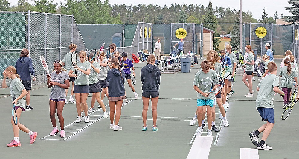 Hodag tennis camp participants take part in a ladder drill during a recent camp session. The six-week camp ran June 15 to July 23. (Bob Mainhardt for the River News)