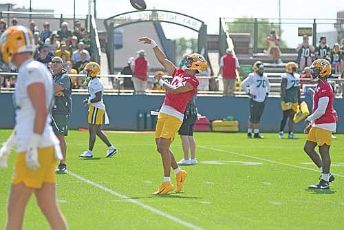Quarterback Jordan Love launches a pass during the Packers’ fourth training camp practice Sunday, Aug. 2 at Ray Nitschke Field in Ashwaubenon. Love threw 23 touchdowns against six interceptions last season. (Photo by Brett LaBore/Lakeland Times)