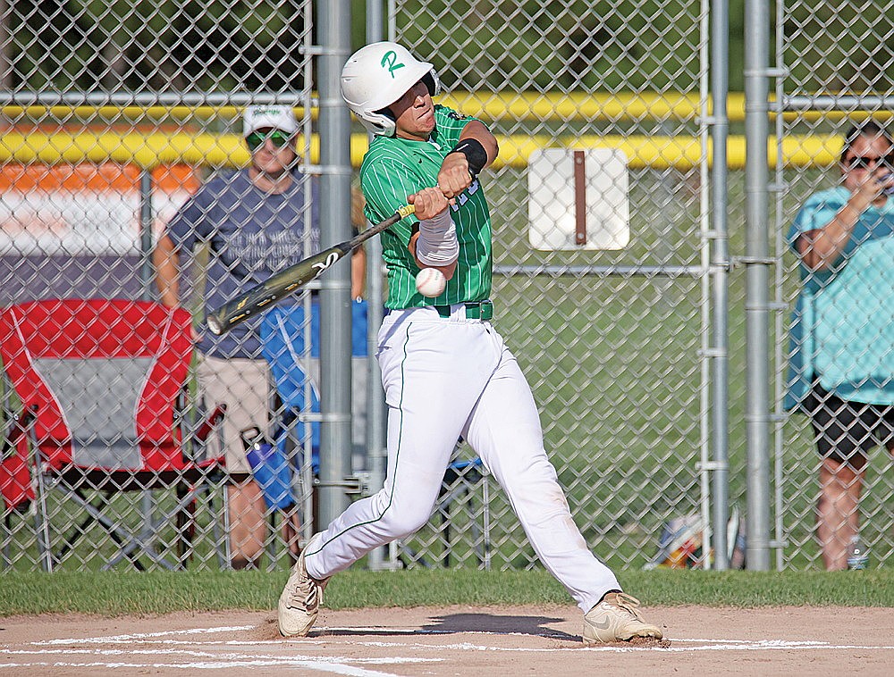 In this July 6, 2026 file photo, Rhinelander’s Josh Willoughby singles during the first inning of an American Legion baseball game against the Minocqua 89ers in Minocqua. Willoughby was one of Rhinelander’s most consistent players this summer, hitting .457 with nine RBIs. (Blake Richard/River News)