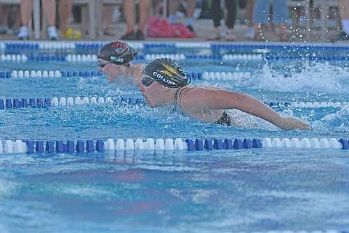 In this Aug. 21, 2025 file photo, Avalon Collins swims the butterfly stroke during the Merrill Fun in the Sun Relays at the Bierman Family Aquatic Center. Collins is a two-time state swimmer and the only senior on Lakeland. (Photo by Brett LaBore/Lakeland Times)