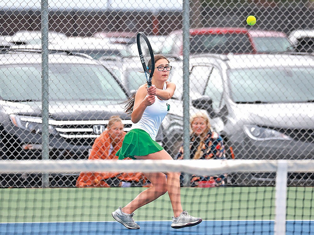 In this Oct. 6, 2025 file photo, Rhinelander’s Lucy Evers hits a return during a WIAA Division 1 subsectional match against Marshfield’s Isabelle Jennings in Wausau. Evers, a sophomore, was the sectional runner-up at No. 4 singles last season. (Bob Mainhardt for the River News)