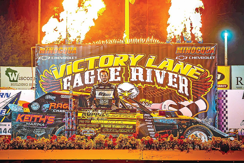 Matt Avila of Boone, Iowa won the Rumble at the River B-Modified main event at Eagle River Speedway Tuesday, Aug. 11. Boone captured a $10,250 payday for the victory. (Josh Castle/Castle Creations Media)