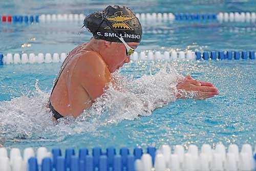 Calyn Smolinski swims the breaststroke in the season-opening Merrill Fun in the Sun Relays Thursday, Aug. 20 at the Bierman Family Aquatic Center. (Photo by Brett LaBore/Lakeland Times)