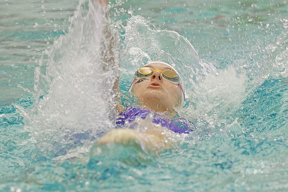 In this Nov. 14, 2025 file photo, Rhinelander’s Kiley Pooch competes in the 100-yard backstroke at the WIAA D2 state girls’ swim meet in Waukesha. Pooch qualified for the state meet in four events last season. (Jeremy Mayo/River News)