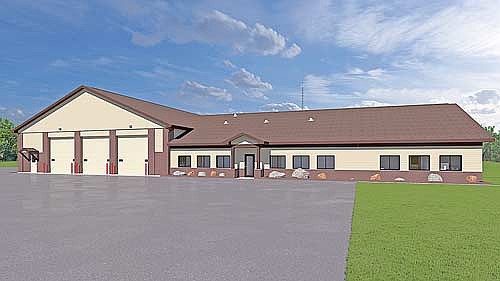 A rendering of the Nokomis fire station showing the 1,700 square foot addition, which would be to the right of the parking lot’s edge. (Contributed image)