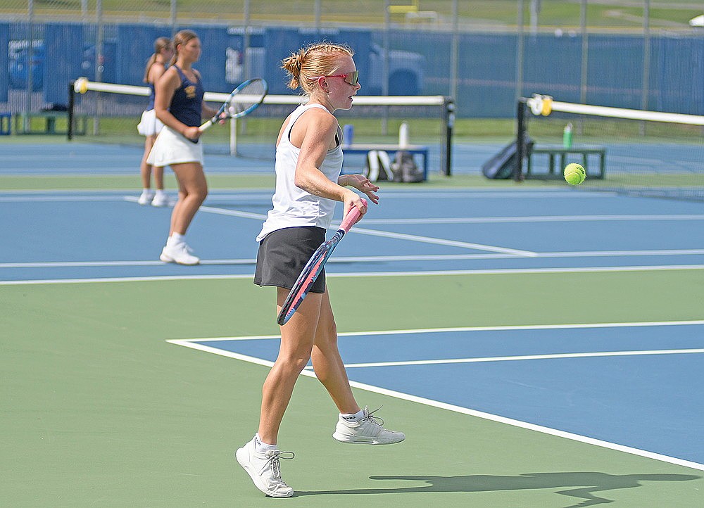 Rhinelander’s Jordan Manske swings at a ball during a match against Wausau West during the Wausau West Invite on Sept. 12. Manske went 2-1 between three matches at the No. 2 singles spot during the Wausau West invite and GNC match against Pacelli. (Brett LaBore/Lakeland Times)