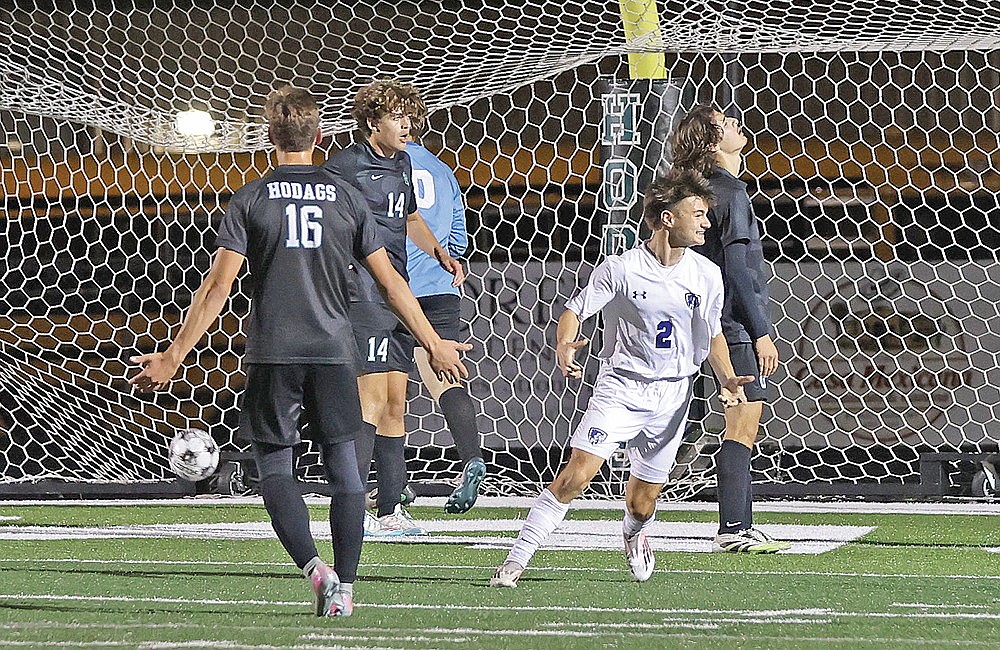 Three Lakes’ Corbyn Gutbrod celebrates while Rhinelander’s Dean Gillingham (16), Landon Catlin (14) and Owen Evers react following a goal by Gutbrod in the second half of a non-conference boys’ soccer game at Mike Webster Stadium Thursday, Sept. 24. Gutbrod scored both Three Lakes goals as the Hodags fell to the Bluejays, 2-1.
