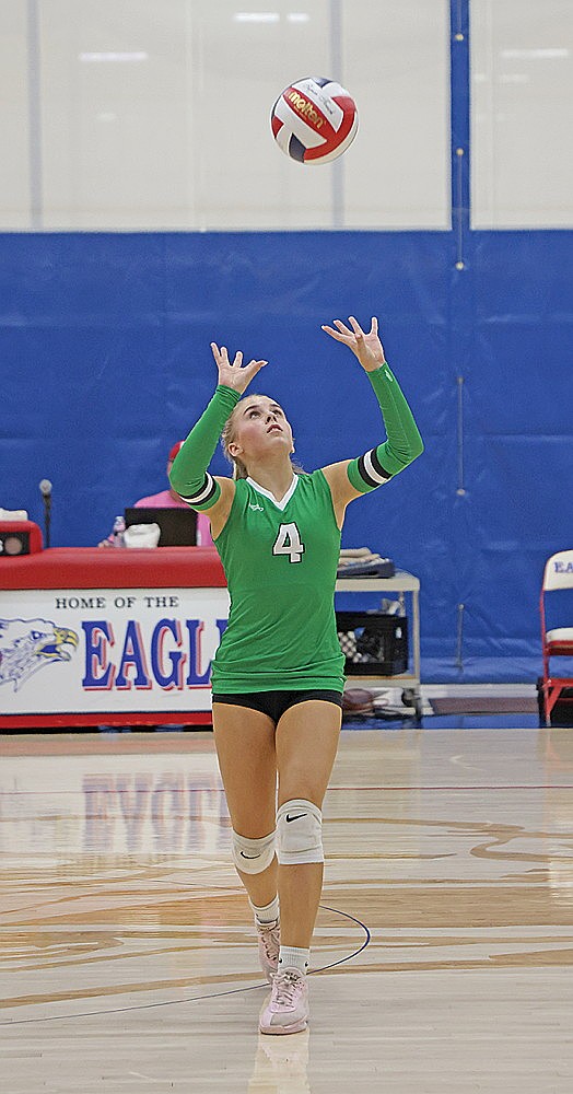 Rhinelander’s Kenzie Paulson looks to set the ball in the first set of a GNC match against Northland Pines Oct. 1 in Eagle River. Paulson had 10 assists in the 3-0 loss.
