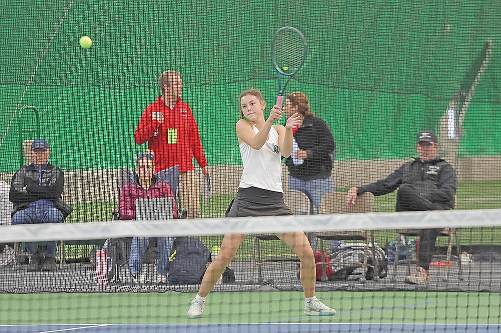 Rhinelander’s Annie Vander Galien plays a point during a match against Lakeland’s Sierra Wallace in a WIAA Division 1 subsectional tournament at the Hodag Dome Monday, Oct. 5. Vander Galien defeated Wallace in straight sets to advance at No. 1 singles.