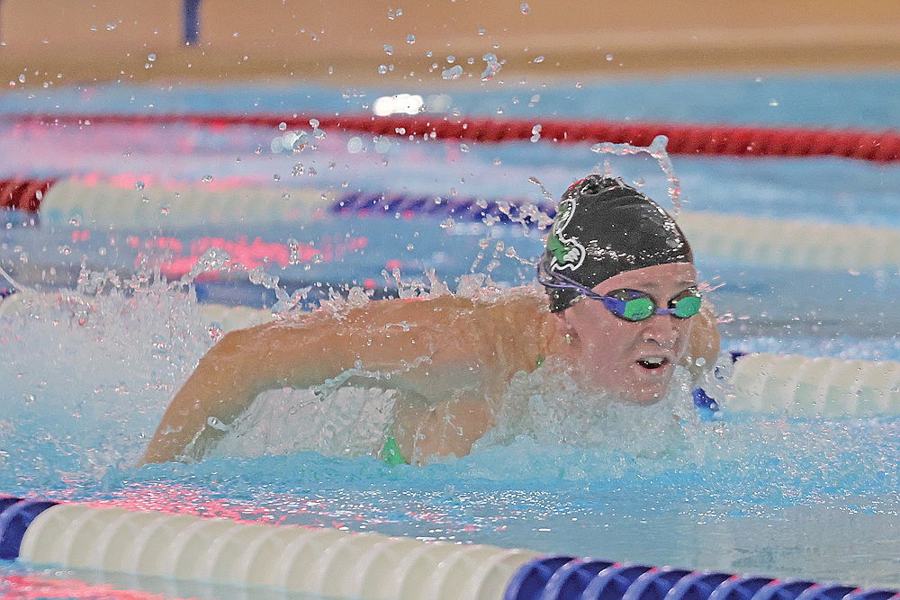 Rhinelander’s Vivian Lamers competes in the 100-yard butterfly during a GNC girls’ swimming dual meet at Merrill Thursday, Oct. 15. Lamers has the top time in the conference in the 50-yard freestyle and is among the top six in six other events heading into tonight’s GNC meet in Minocqua.